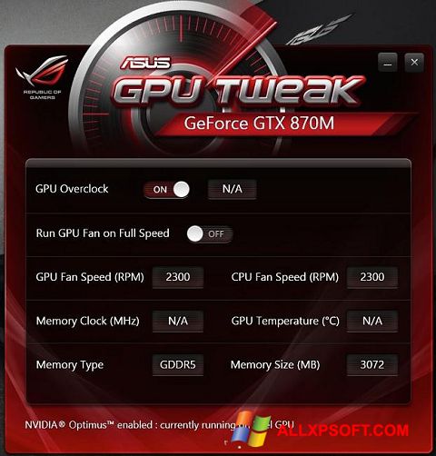 Captura de pantalla ASUS GPU Tweak para Windows XP