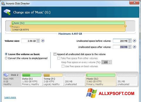 Captura de pantalla Acronis Disk Director para Windows XP