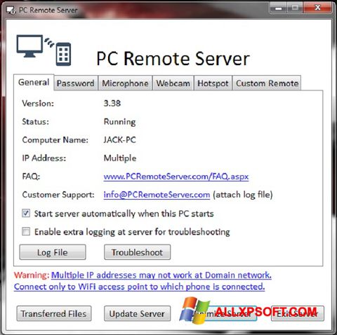 Captura de pantalla PC Remote Server para Windows XP