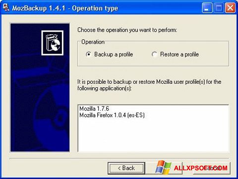 Captura de pantalla MozBackup para Windows XP