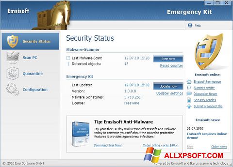 Captura de pantalla Emsisoft Emergency Kit para Windows XP