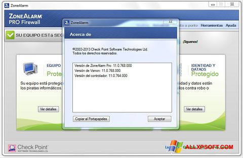 Captura de pantalla ZoneAlarm para Windows XP