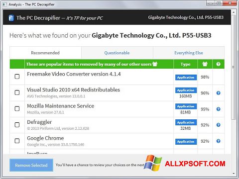 Captura de pantalla PC Decrapifier para Windows XP