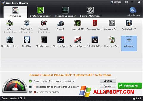 Captura de pantalla Wise Game Booster para Windows XP