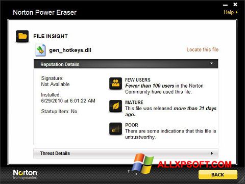 Captura de pantalla Norton Power Eraser para Windows XP