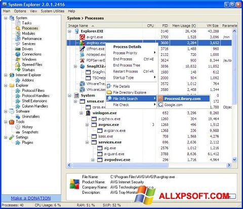 Captura de pantalla System Explorer para Windows XP