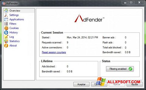 Captura de pantalla AdFender para Windows XP
