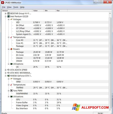 Captura de pantalla HWMonitor para Windows XP