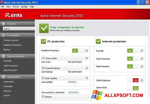 Captura de pantalla Avira Internet Security para Windows XP