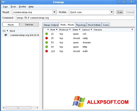 Captura de pantalla Nmap para Windows XP