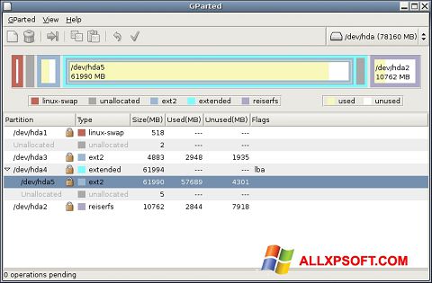 Captura de pantalla GParted para Windows XP