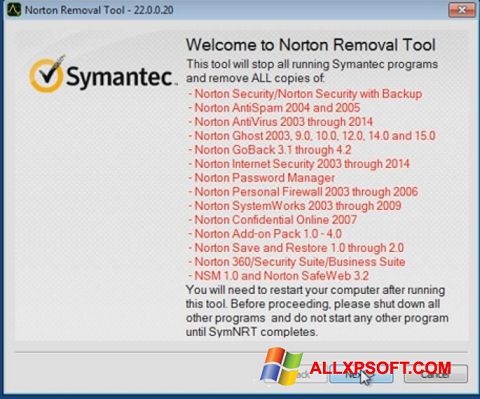 Captura de pantalla Norton Removal Tool para Windows XP