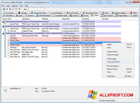 Captura de pantalla AutoRuns para Windows XP