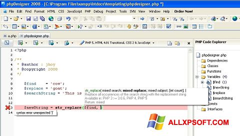 Captura de pantalla phpDesigner para Windows XP