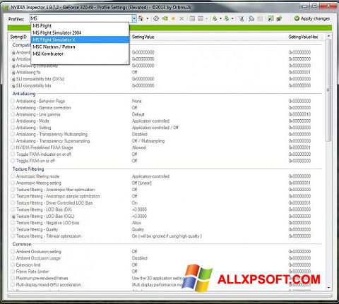 Captura de pantalla NVIDIA Inspector para Windows XP