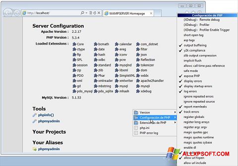 Captura de pantalla WampServer para Windows XP
