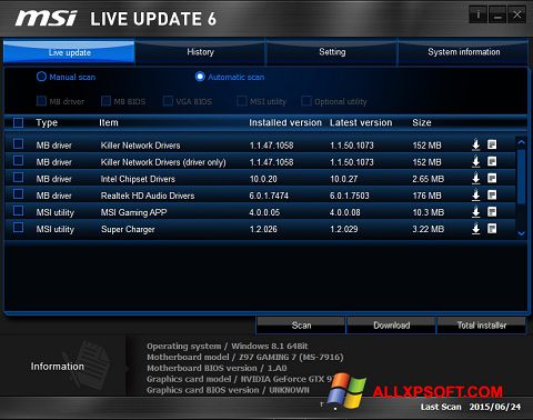 Captura de pantalla MSI Live Update para Windows XP