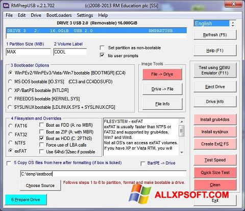 Captura de pantalla RMPrepUSB para Windows XP
